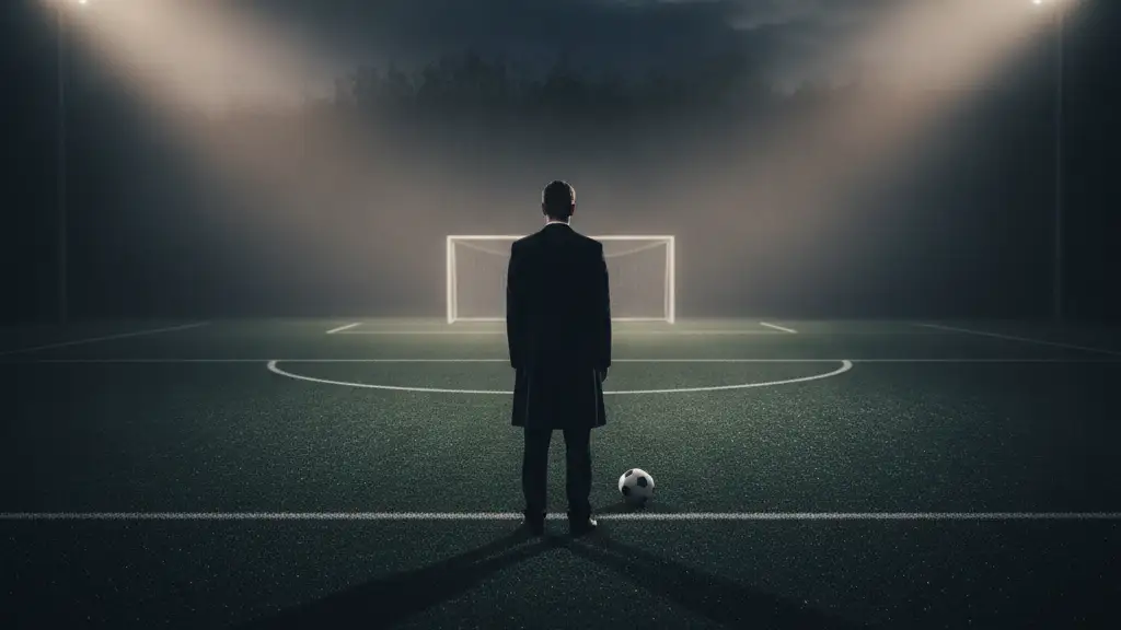 Silhouetted figure on an empty football pitch, a single ball at their feet.