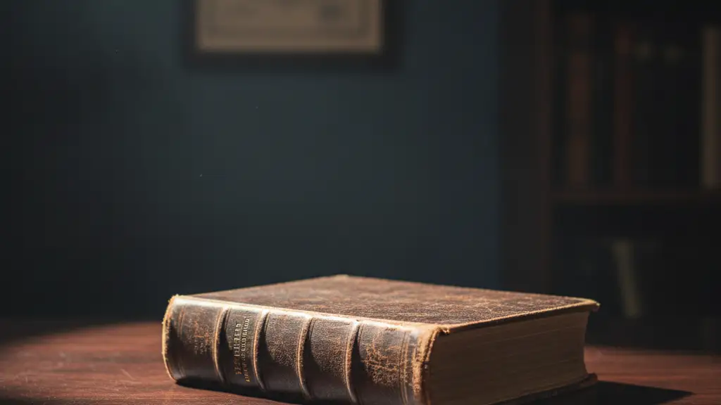 A thick, leather-bound book on a polished desk, partially lit by a dramatic beam.