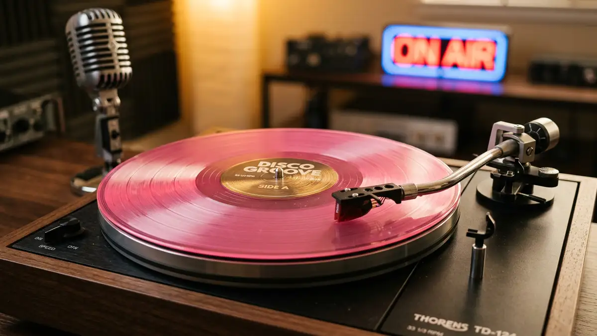 A pink vinyl record spinning on a turntable in a warm studio setting.