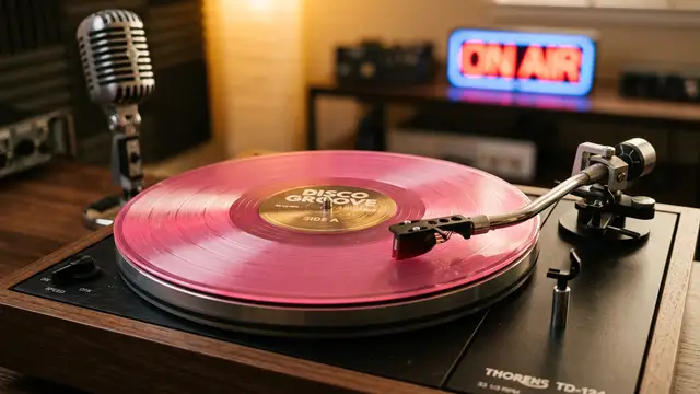A pink vinyl record spinning on a turntable in a warm studio setting.