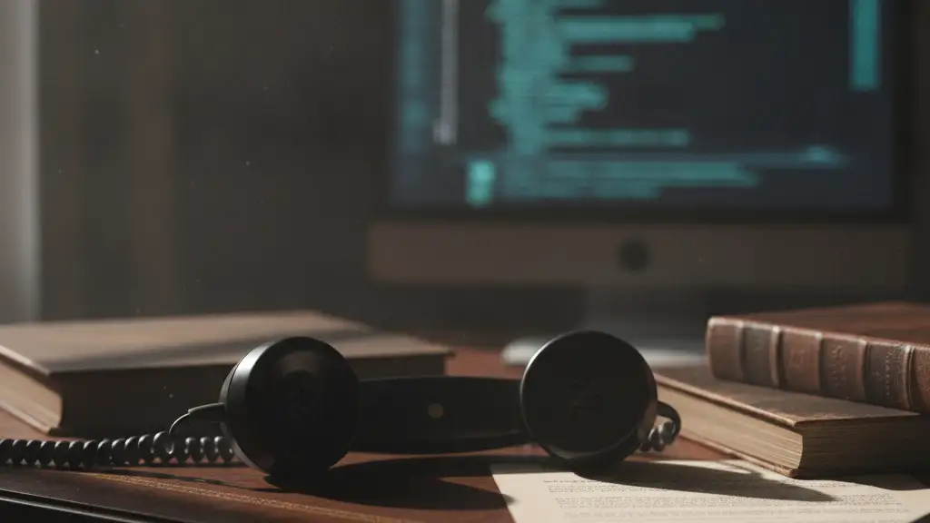 Vintage phone receiver off-hook on a desk, blurred screen in background.