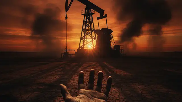 Oil derrick silhouetted against a fiery, smoke-filled sunset with a parched hand.
