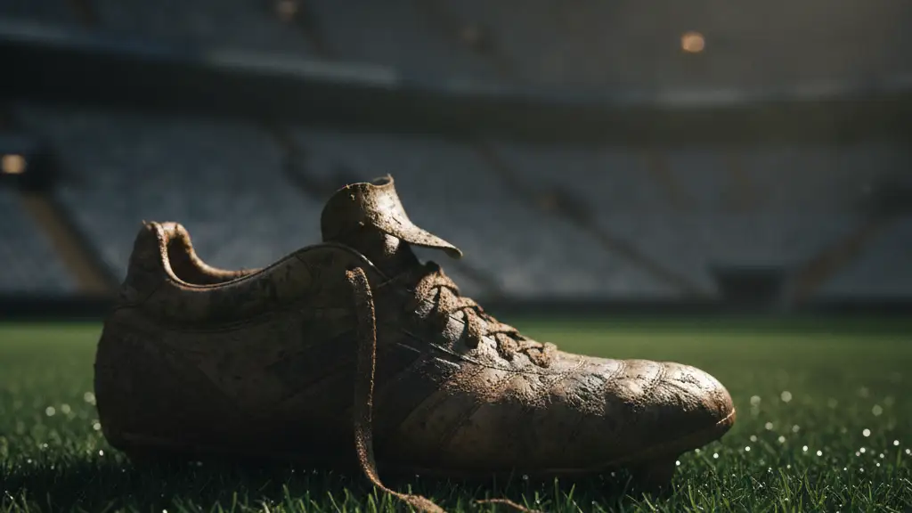 A muddy football boot on green grass, blurred stadium lights in background.