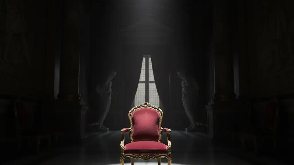 An empty, ornate chair under a spotlight in a dark, shadowy room.