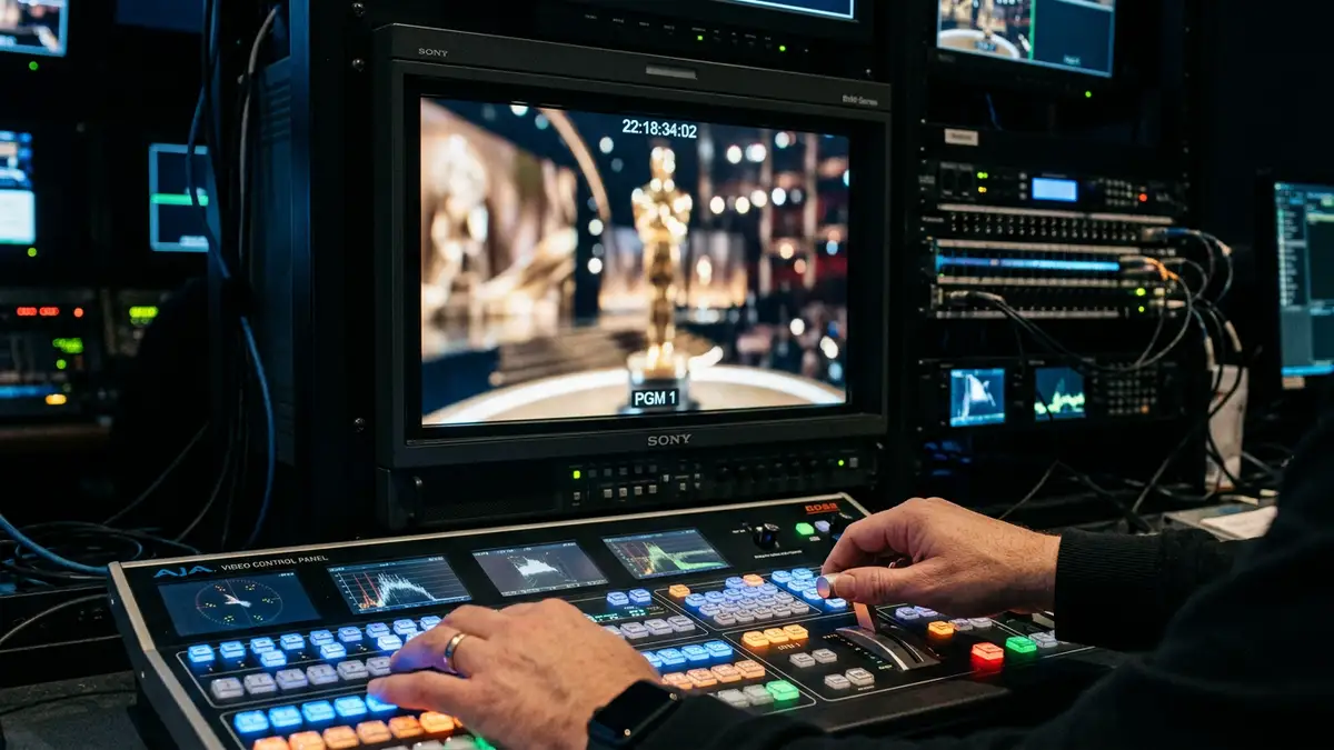 A blurred broadcast monitor showing an awards stage behind a professional digital editing console.