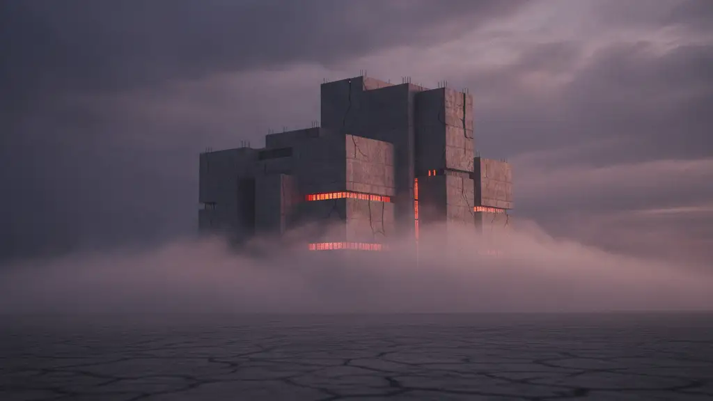 Imposing concrete structure shrouded in mist under a dramatic sky.