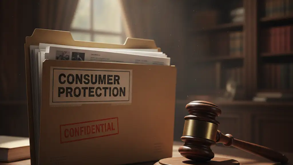 Confidential file and gavel on a desk, symbolizing consumer protection.