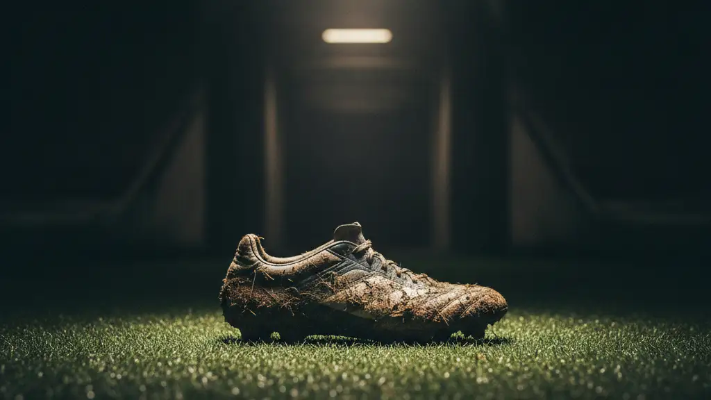 A lone, muddy football boot on a stadium pitch under a spotlight.