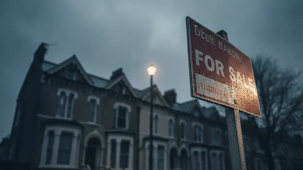 A weathered 'For Sale' sign in front of a blurred Victorian house.