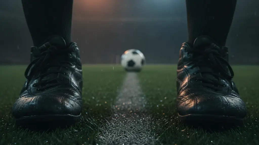 Worn referee boots on a wet football pitch, a deflated ball in the background.