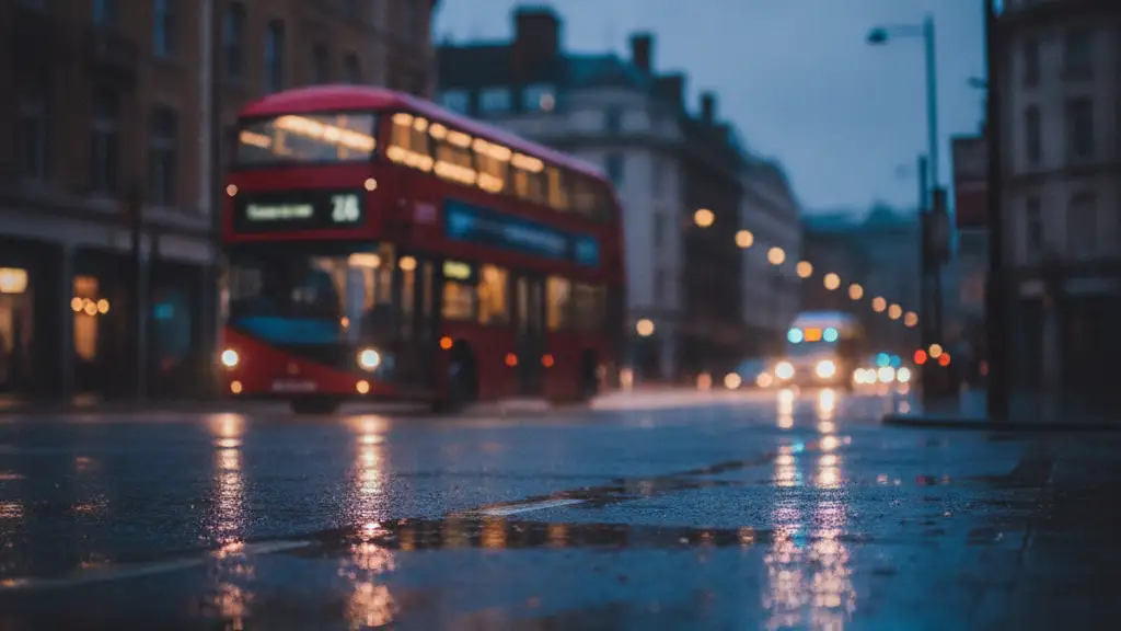 Red double-decker bus reflecting emergency lights in a wet city street at dusk.