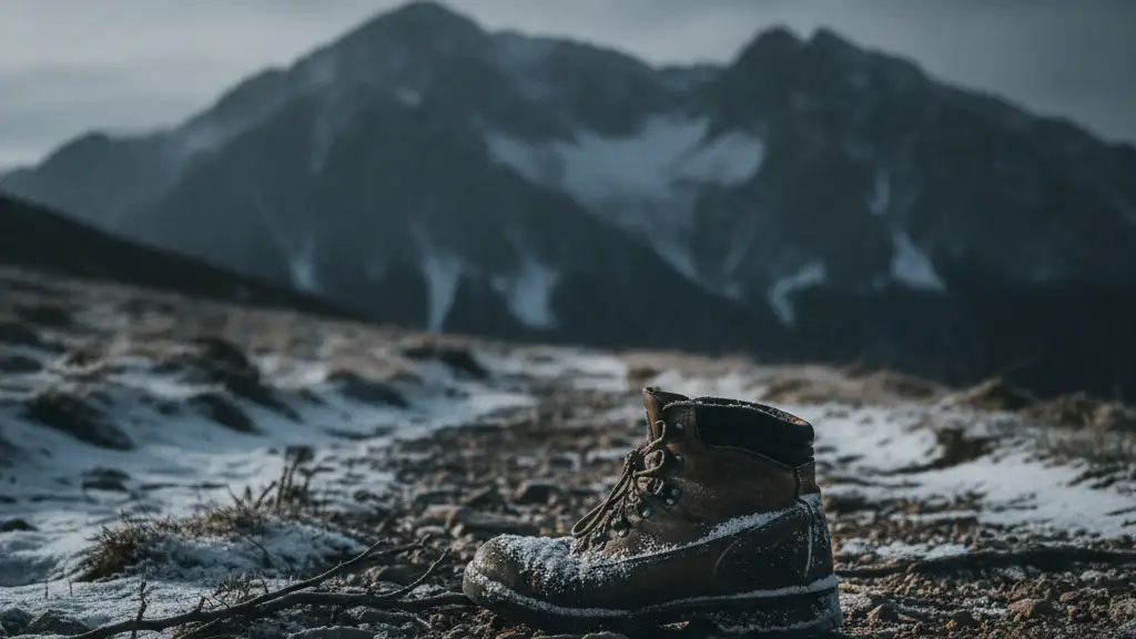 A single, weathered hiking boot on a snowy mountain path, Bucegi mountains in background.