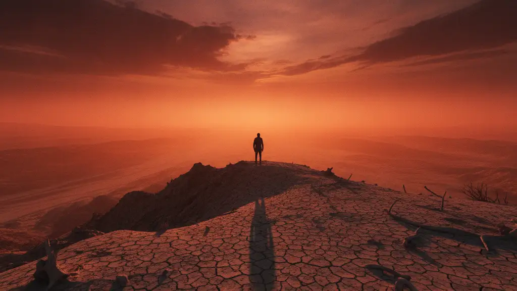 A lone silhouette on a ridge overlooking a valley shrouded in orange-red haze.