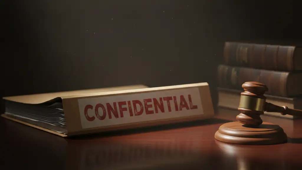 Confidential file folder on a desk with a gavel, dramatic lighting.