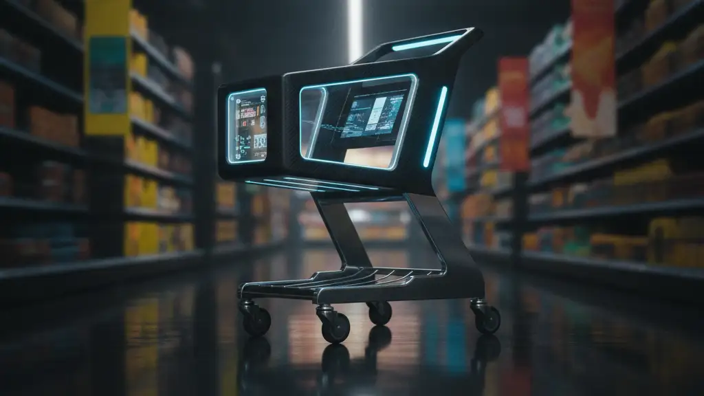 Futuristic shopping trolley with glowing handle on a polished supermarket floor.