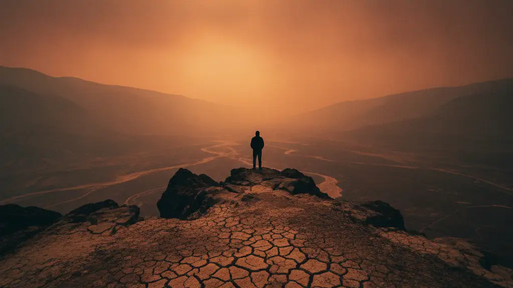 Silhouetted figure on a ridge, hazy orange-red smoke fills the distant valley.