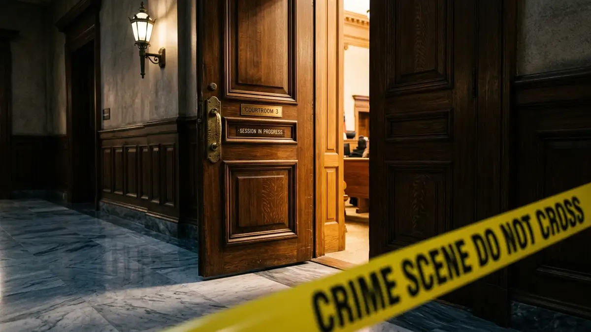 A courtroom door slightly open with light spilling onto a marble floor behind police tape.