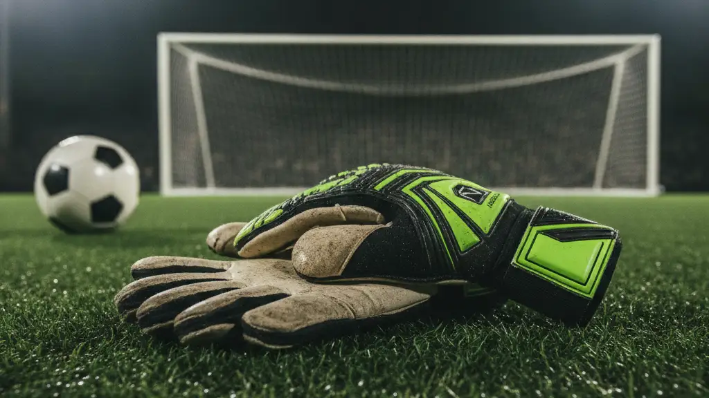 Goalkeeper's gloves on a football pitch, blurred goal net in background.
