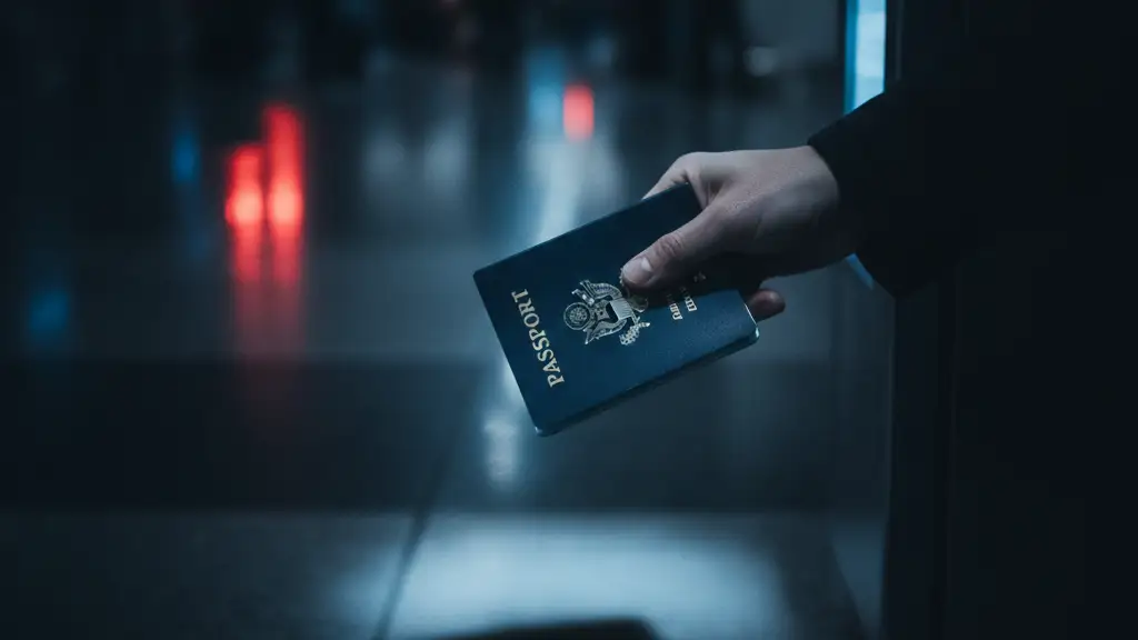 Blurred hand scanning passport at biometric reader, red and blue reflections on wet floor.
