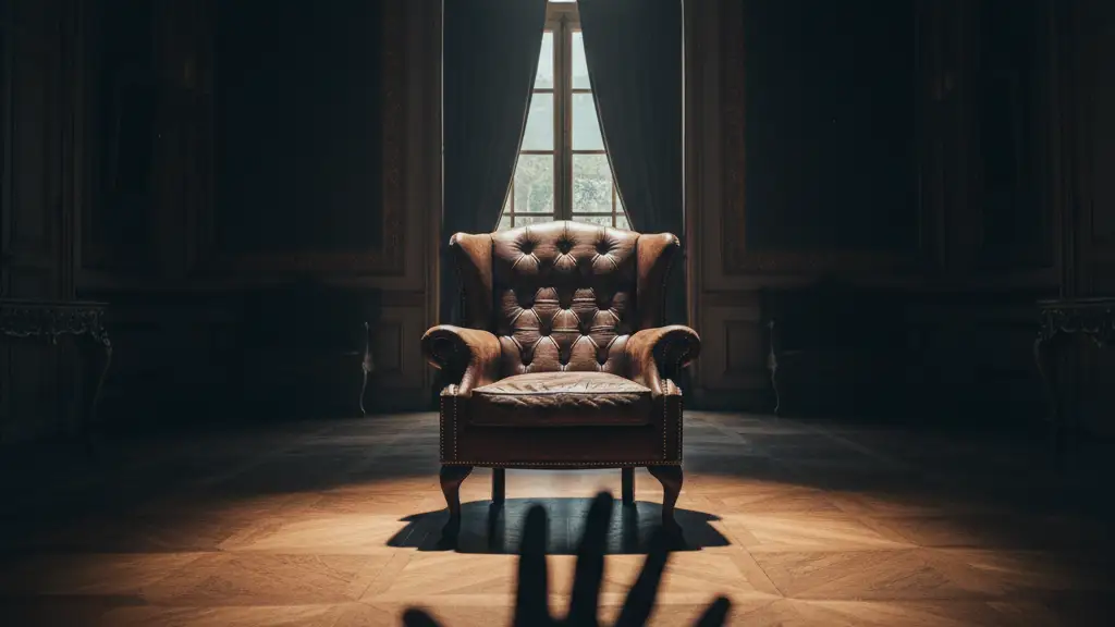 Empty armchair in a spotlight, with a blurred hand reaching out.
