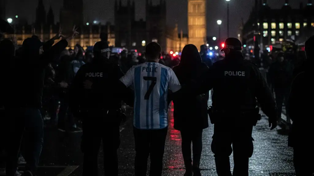 Police escorting a fan in an Argentina jersey through a hostile crowd at night.