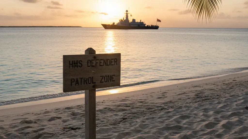 A tropical beach at dawn with a naval ship anchored in the distant lagoon.