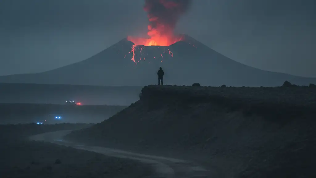 Silhouetted figure watches distant erupting volcano under ash-filled sky.