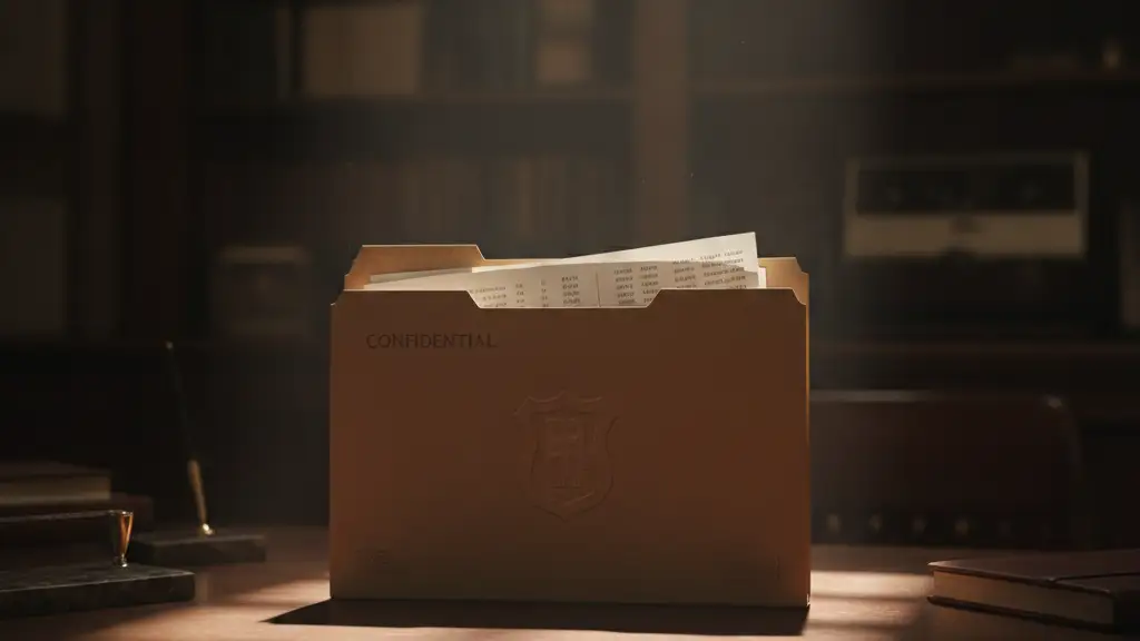 Confidential file folder on a mahogany desk, dramatic lighting.