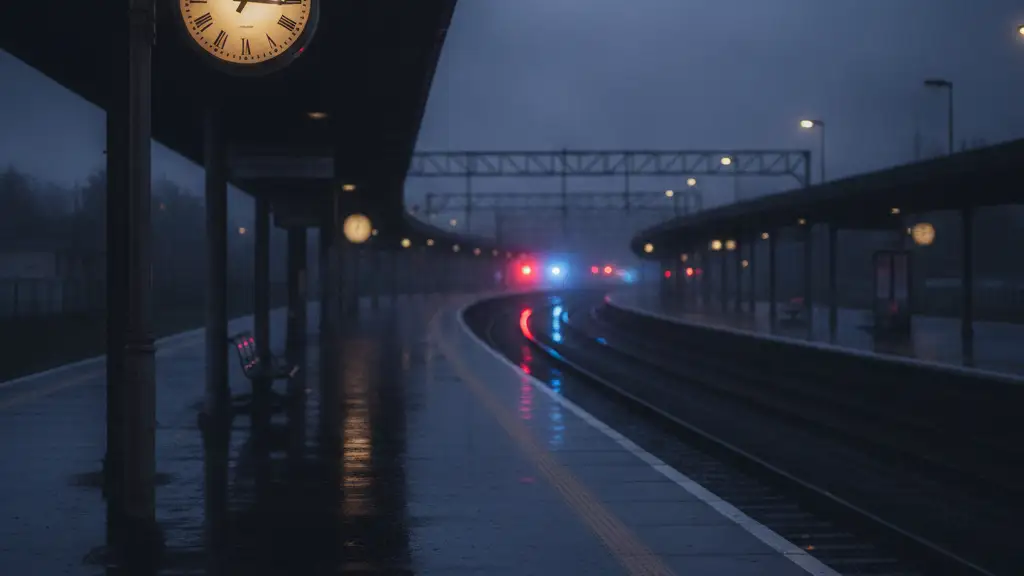 Empty, rain-slicked train platform at dusk with distant emergency light reflections.