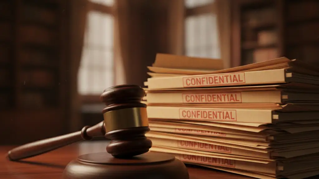 A heavy wooden gavel rests on a desk next to confidential file folders.