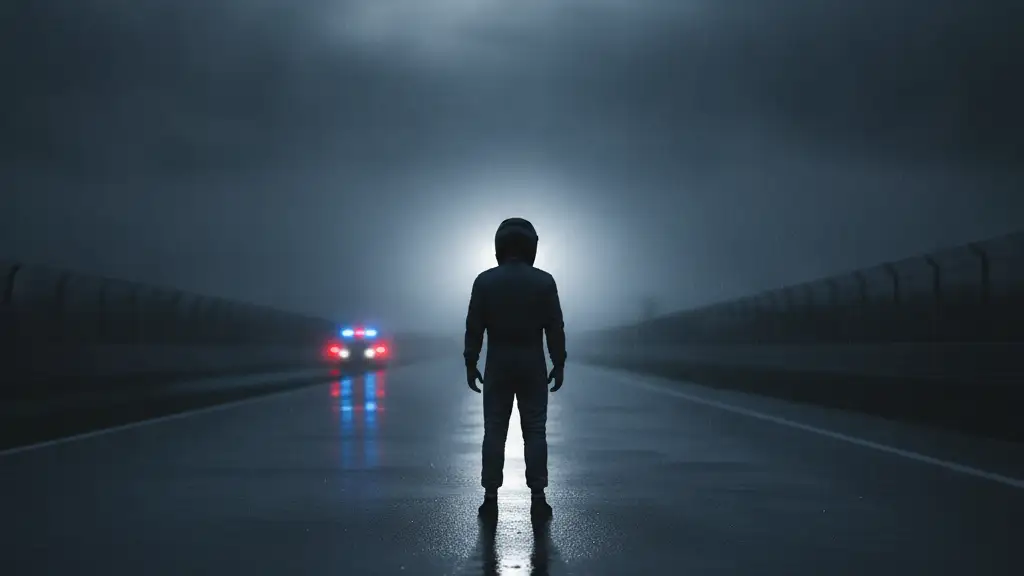 Silhouette of a racing driver on a wet track under dramatic lighting.