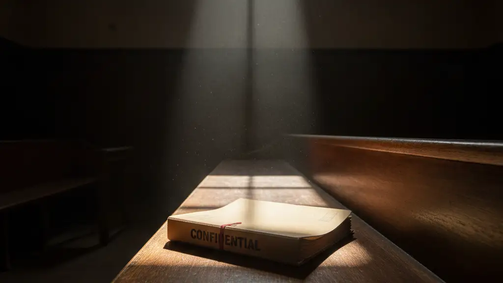 Empty courtroom bench with a closed legal file, illuminated by a shaft of light.