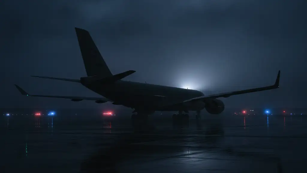 Silhouette of a large aircraft on a dark, wet tarmac with distant emergency lights.