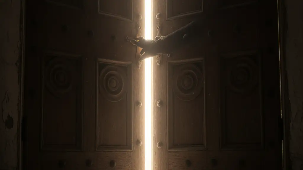 Ornate wooden door slightly ajar with a hand silhouette, bright light spilling out.