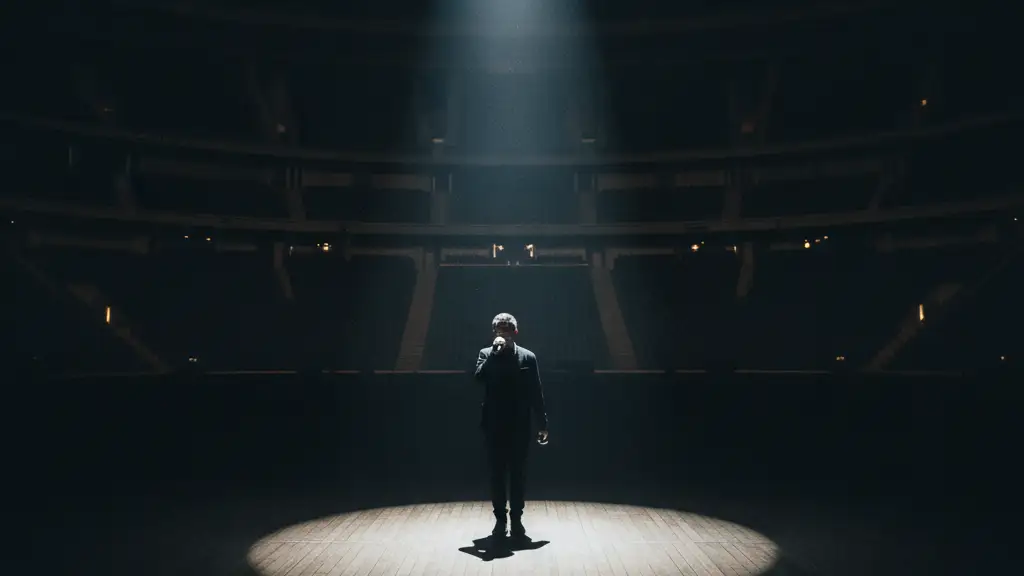 A lone silhouette on a large, empty stage under a single spotlight.