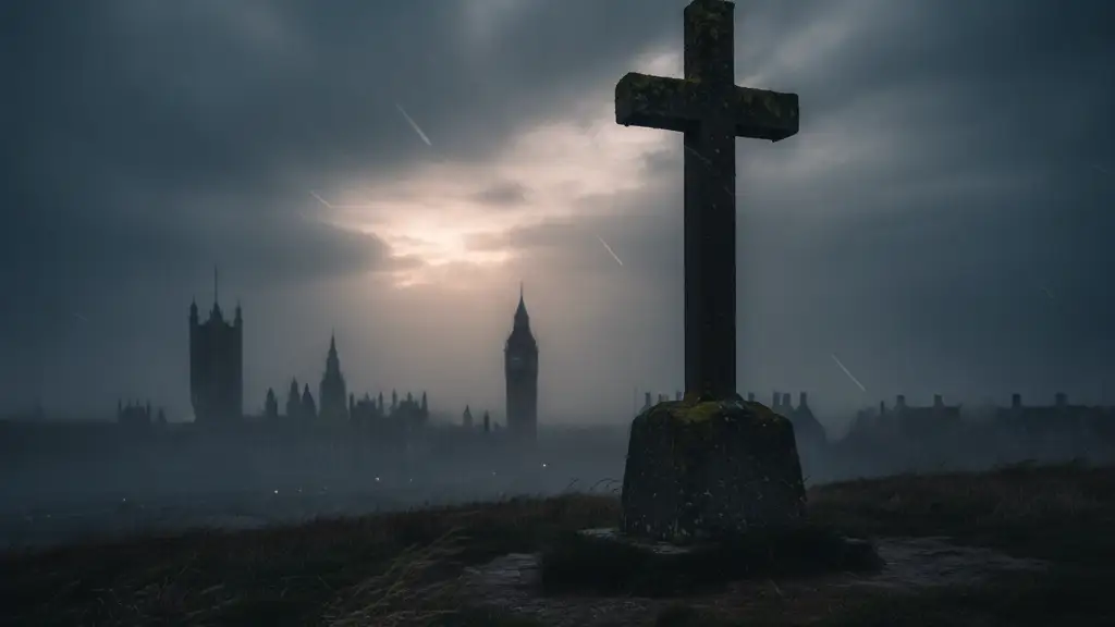 Ancient stone cross silhouetted against a stormy sky, distant Parliament blurred.