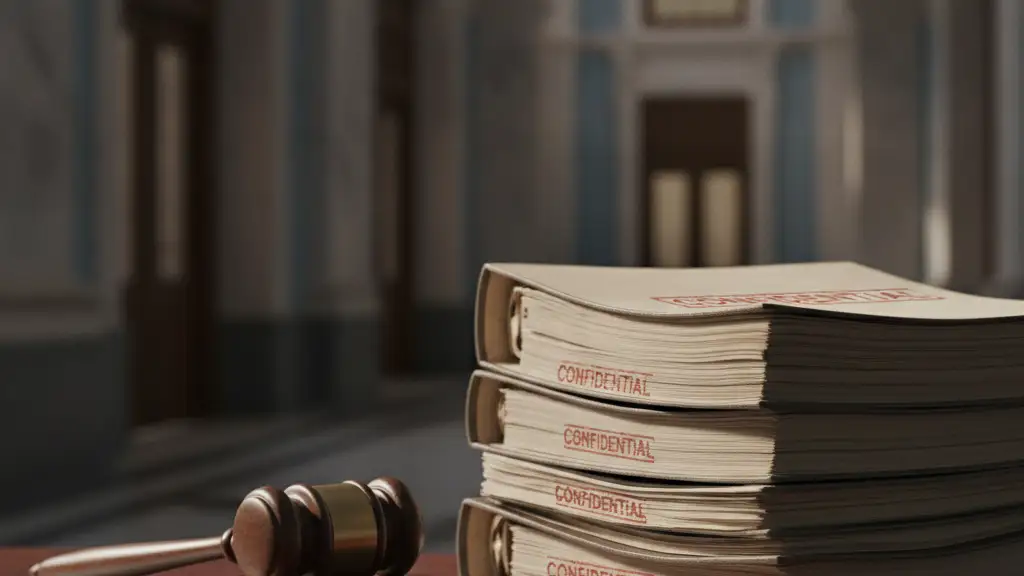 Gavel next to official documents on a table, symbolizing law and accountability.