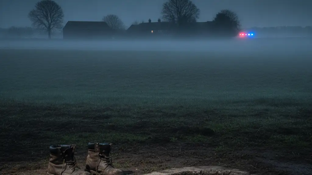 Empty work boots on damp ground near a misty farm structure at dusk.