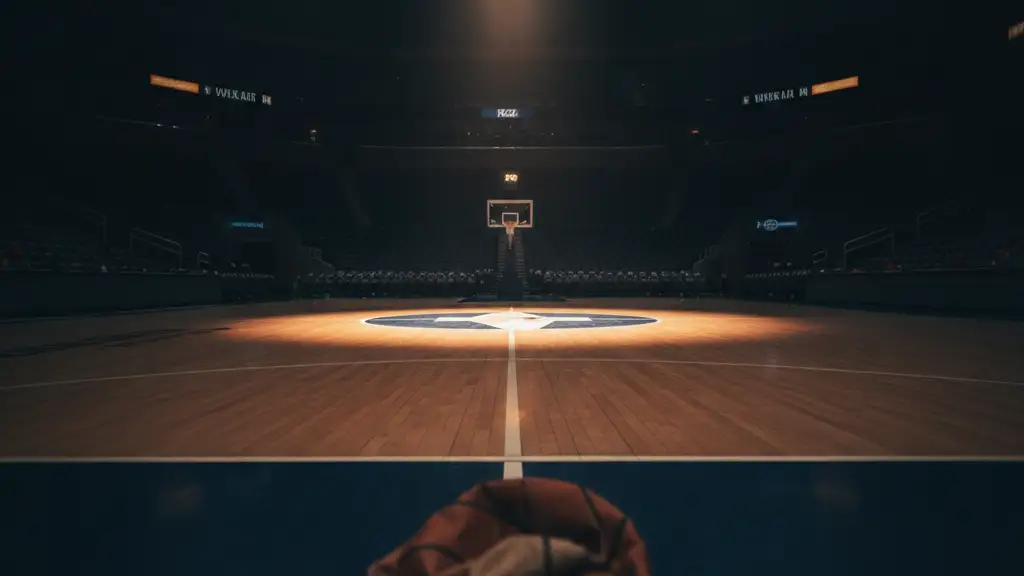 Empty WNBA basketball court, single ball on sideline, dramatic lighting.