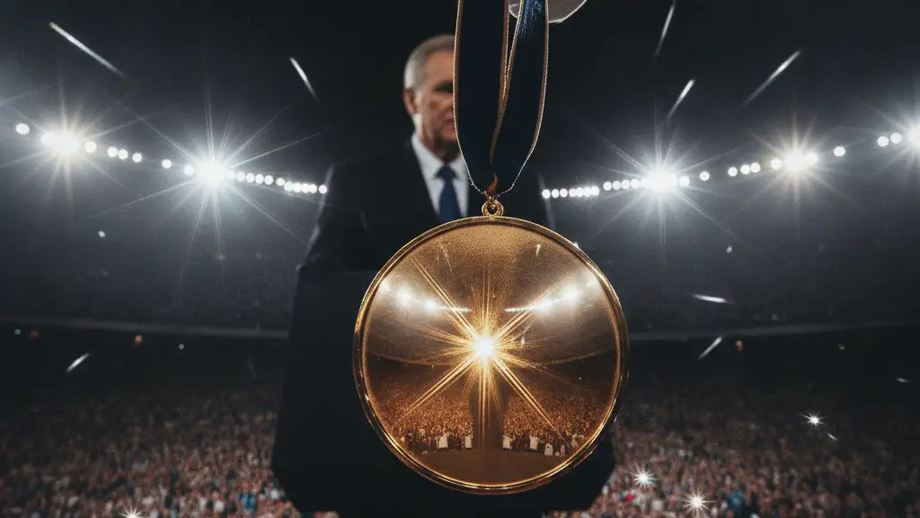 Gloved hand holding a gold medal, blurred presidential silhouette, paparazzi flashes, stadium crowd.