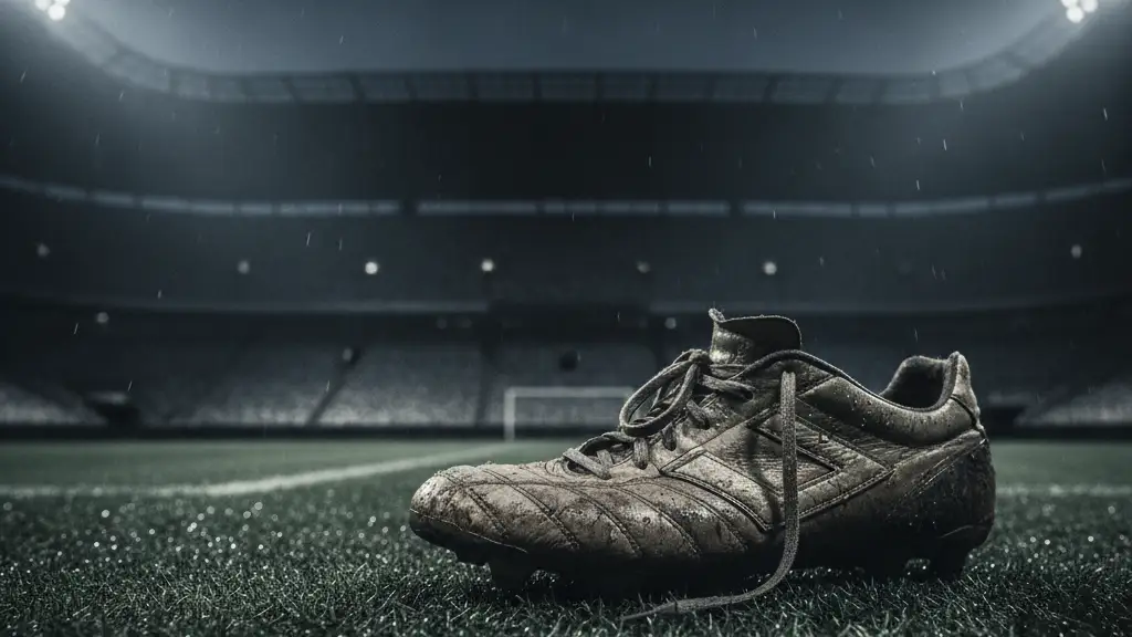 A single, worn football boot on a wet pitch under stadium lights.