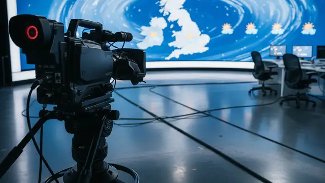 A professional television camera in a studio facing a blurred weather map of the UK.