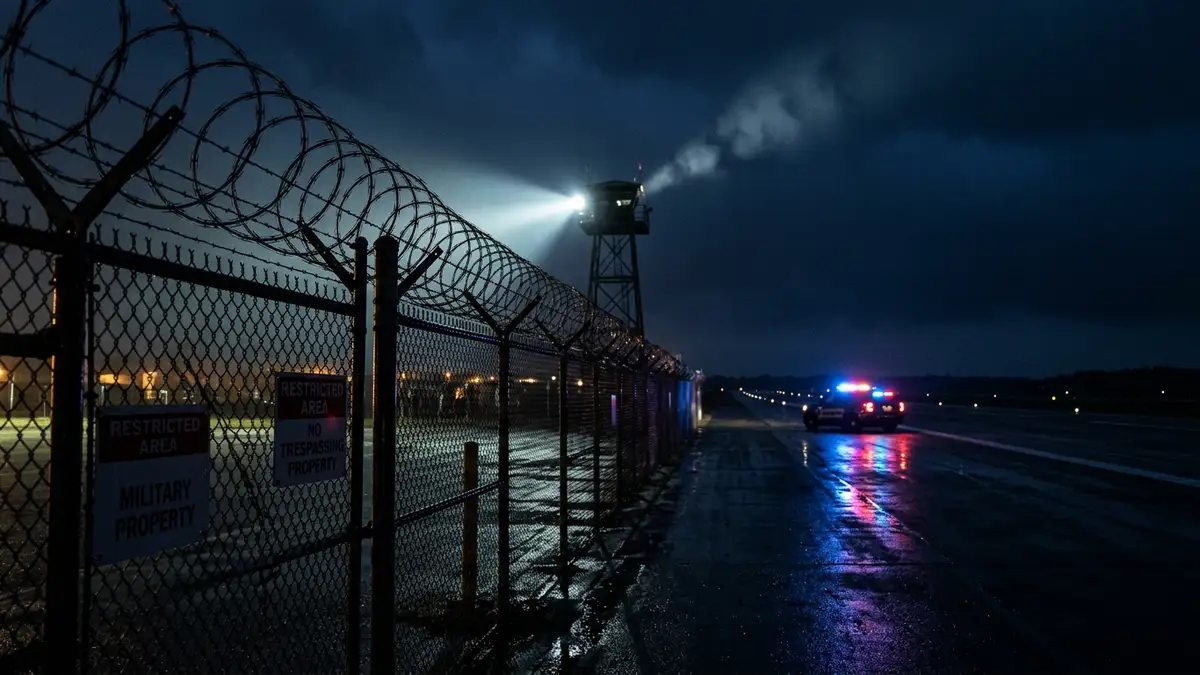 Razor wire fence at night with blurred emergency lights reflecting on a military runway.