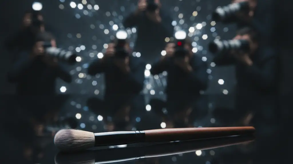 Elegant make-up brush in focus, blurred paparazzi flashes in background.