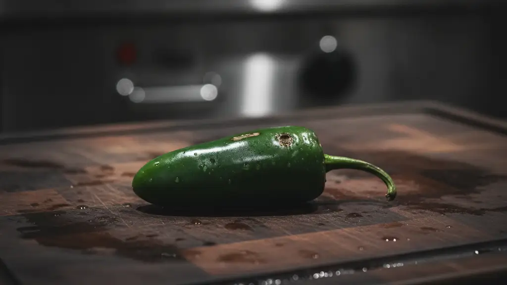 A single, slightly bruised jalapeño pepper on a dark, wet cutting board.
