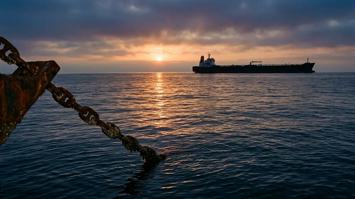 A large oil tanker silhouette on a calm sea at sunset with a heavy chain.
