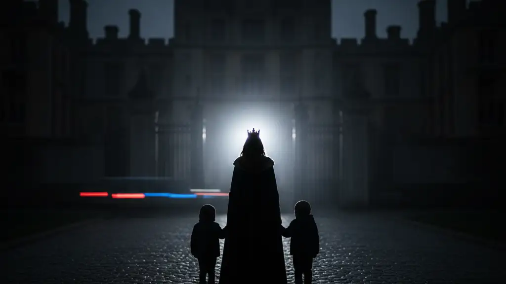 Silhouetted figures of adults and children walking towards grand estate gates.