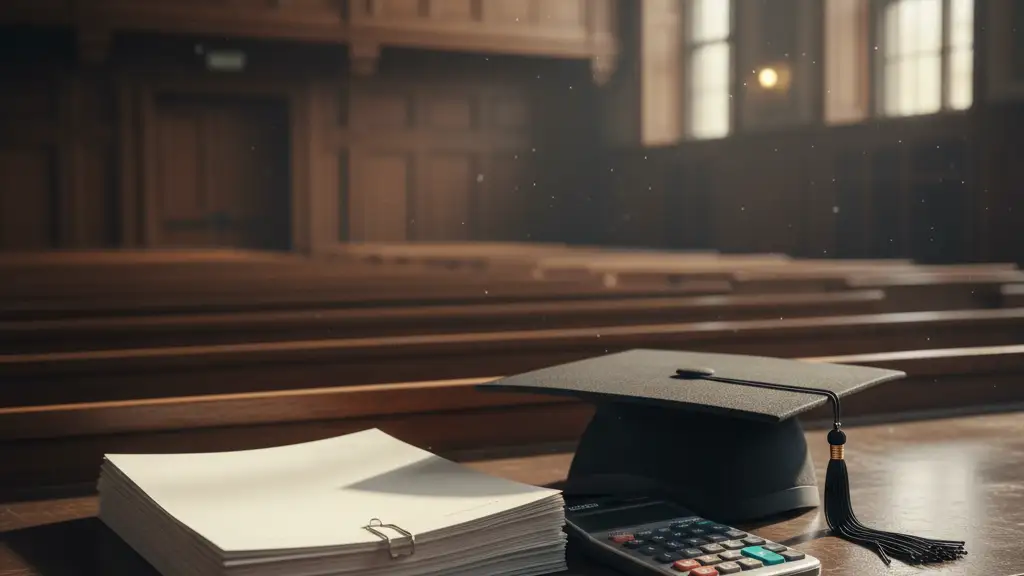 A graduation cap and calculator sit on a wooden desk in an empty lecture hall.