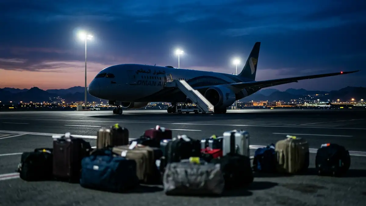 A silhouetted passenger plane on a lit tarmac at dusk with luggage in the foreground.