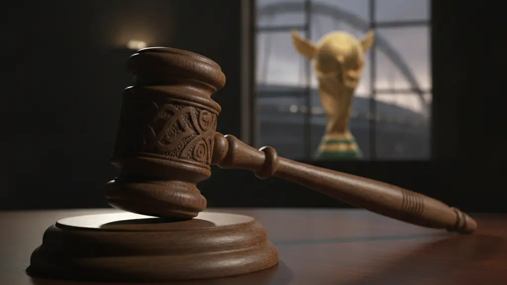 Heavy wooden gavel on a polished desk, blurred football trophy in background.